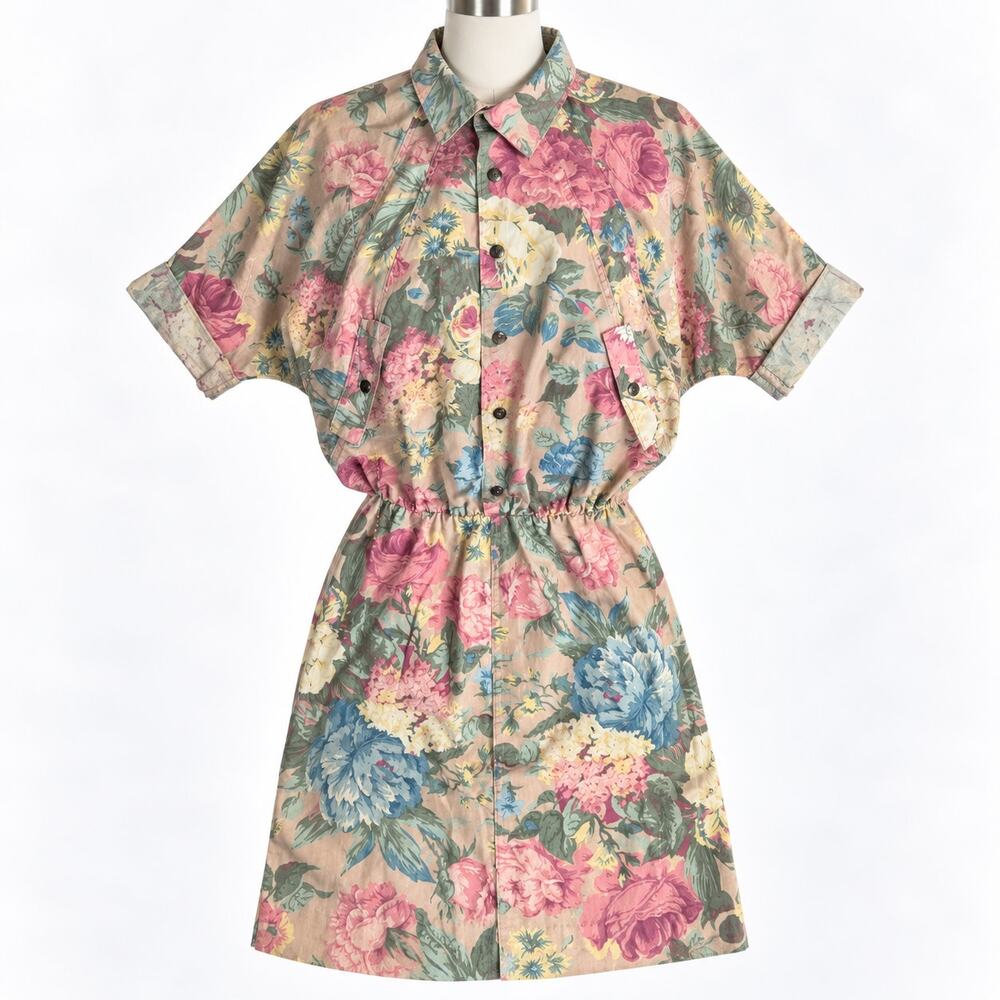 Vintage Cherokee Floral Shirt Dress Women's 3/4 Cotton Button Front 90s